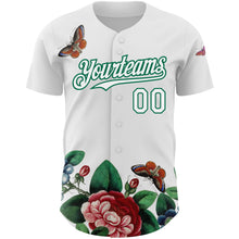 Load image into Gallery viewer, Custom White Kelly Green 3D Pattern Design Animal Butterfly And Flower Authentic Baseball Jersey
