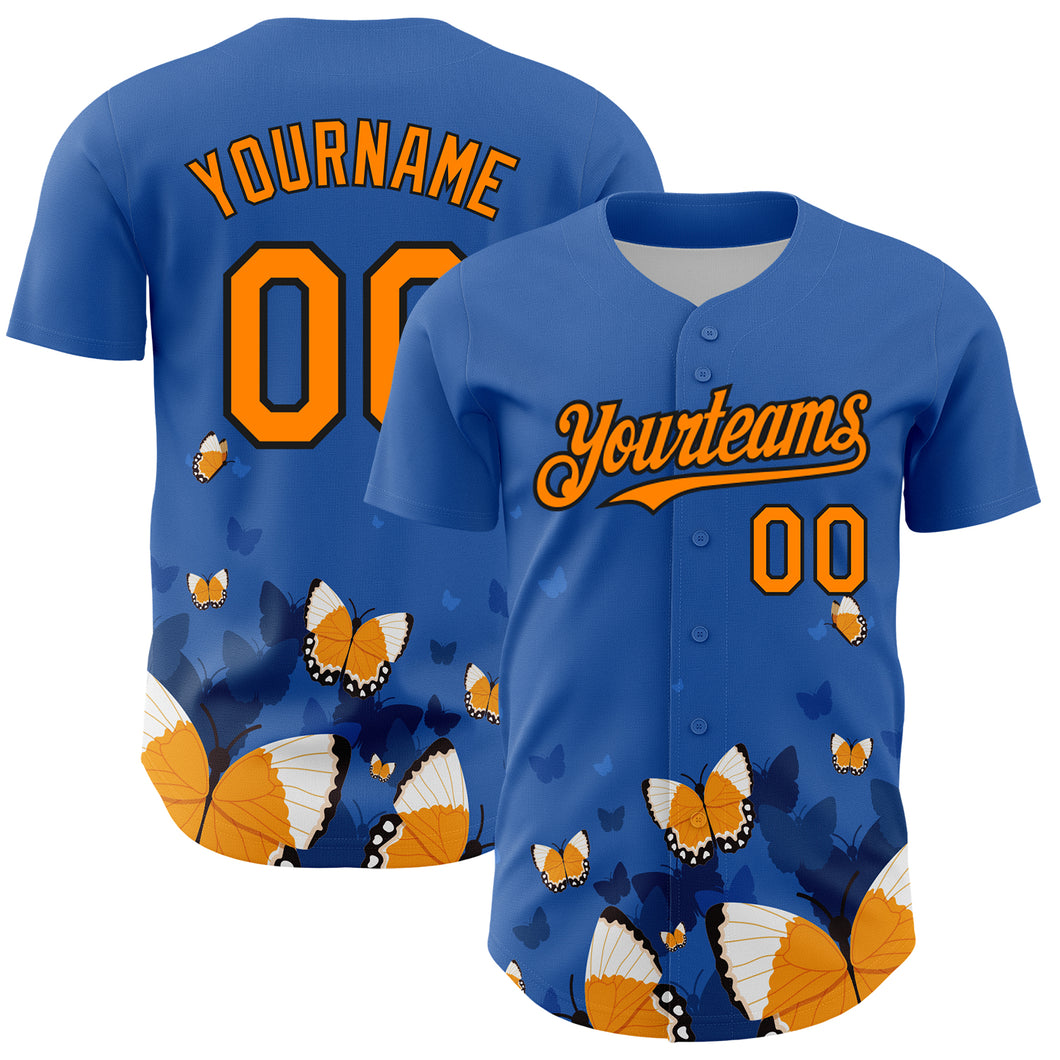 Custom Royal Orange-Black 3D Pattern Design Animal Butterfly Authentic Baseball Jersey