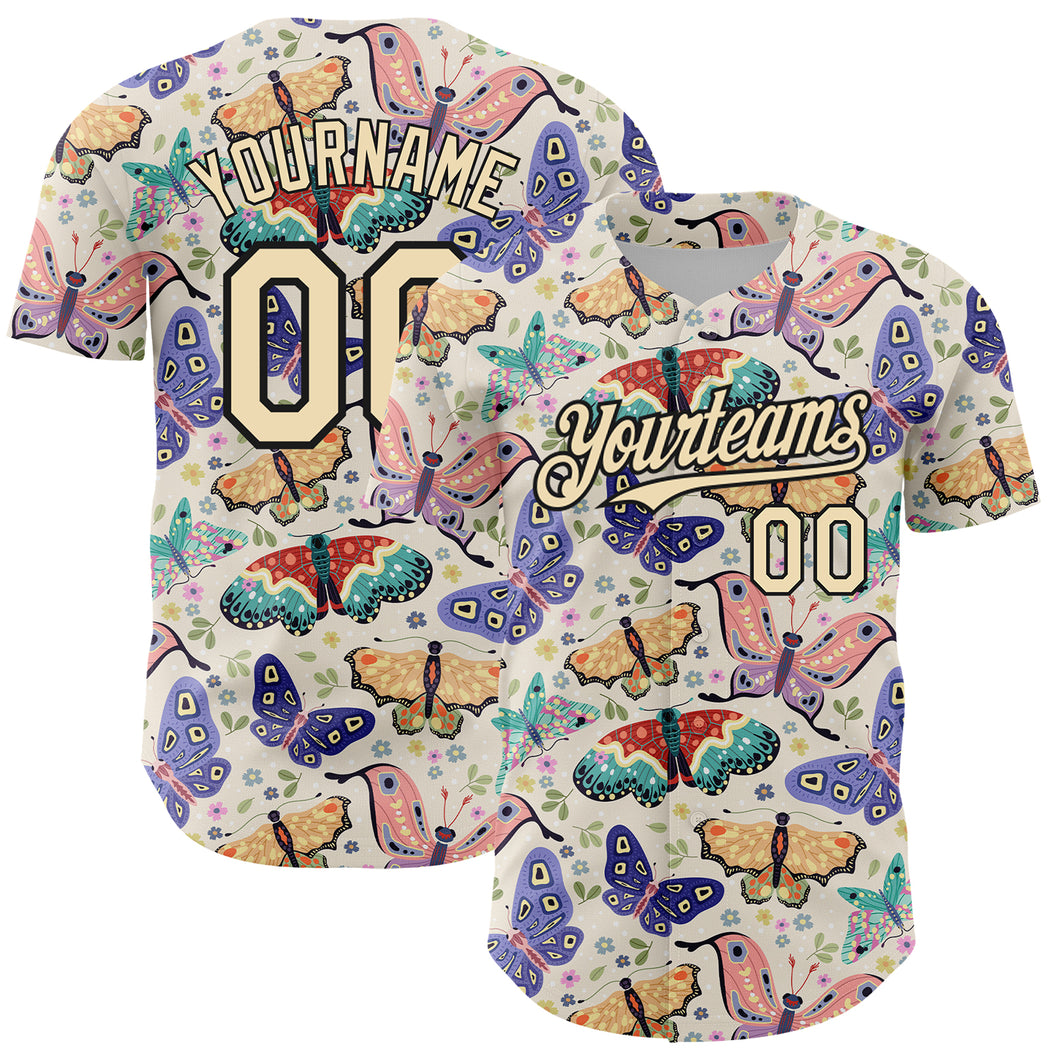 Custom Cream Black 3D Pattern Design Animal Butterfly Authentic Baseball Jersey