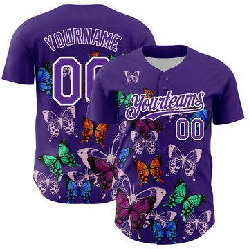 Custom Purple White 3D Pattern Design Animal Butterfly Authentic Baseball Jersey