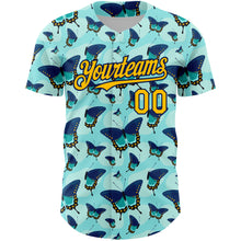 Charger l&#39;image dans la galerie, Custom Ice Blue Gold-Navy 3D Pattern Design Animal Butterfly Authentic Baseball Jersey
