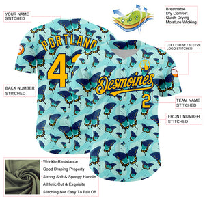 Custom Ice Blue Gold-Navy 3D Pattern Design Animal Butterfly Authentic Baseball Jersey