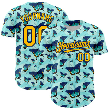 Custom Ice Blue Gold-Navy 3D Pattern Design Animal Butterfly Authentic Baseball Jersey