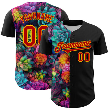 Custom Black Red-Gold 3D Pattern Design Rave Flower Authentic Baseball Jersey