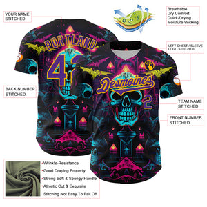 Custom Black Purple-Gold 3D Pattern Design Rave Skull Authentic Baseball Jersey