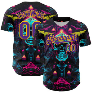 Custom Black Purple-Gold 3D Pattern Design Rave Skull Authentic Baseball Jersey