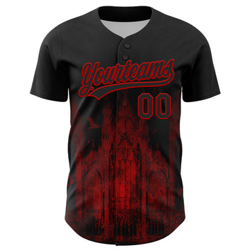 Custom Black Red 3D Pattern Design Palace Gothic Style Church Authentic Baseball Jersey