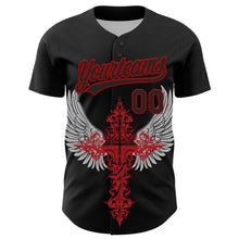 Load image into Gallery viewer, Custom Black Red 3D Pattern Design Gothic Style Cross With Wings Authentic Baseball Jersey
