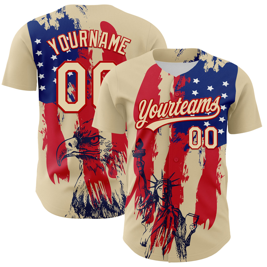 Custom Cream Red-Royal 3D Pattern Design American Spirit American Eagle And Stars Authentic Baseball Jersey