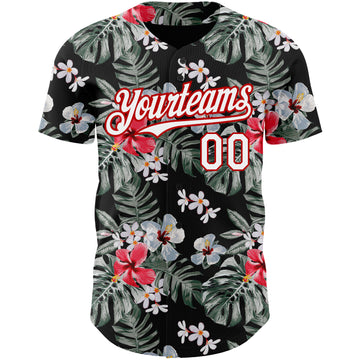 Custom Black White-Red 3D Pattern Design Tropical Hawaii Plant Authentic Baseball Jersey