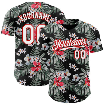 Custom Black White-Red 3D Pattern Design Tropical Hawaii Plant Authentic Baseball Jersey