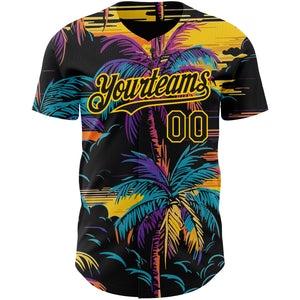 Custom Black Yellow 3D Pattern Design Tropical Hawaii Palms Trees Authentic Baseball Jersey