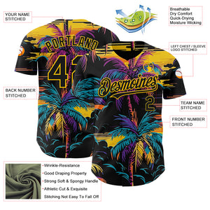 Custom Black Yellow 3D Pattern Design Tropical Hawaii Palms Trees Authentic Baseball Jersey