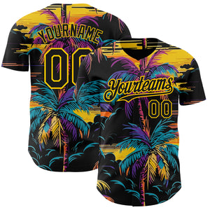 Custom Black Yellow 3D Pattern Design Tropical Hawaii Palms Trees Authentic Baseball Jersey