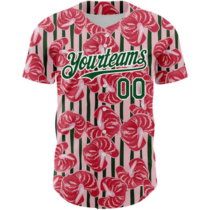 Custom Medium Pink Green-White 3D Pattern Design Tropical Anthurium Flower Authentic Baseball Jersey