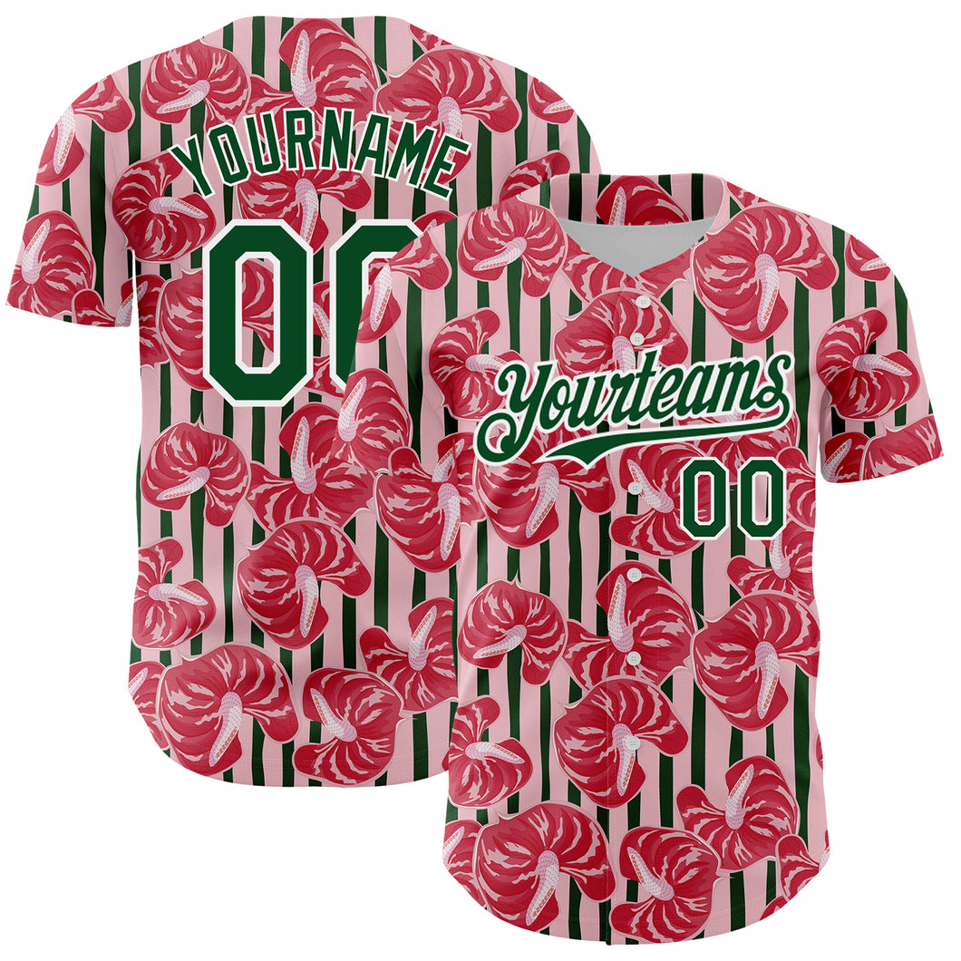 Custom Medium Pink Green-White 3D Pattern Design Tropical Anthurium Flower Authentic Baseball Jersey