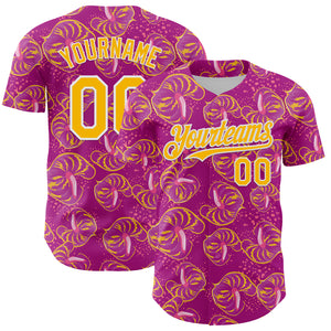 Custom Deep Pink Gold-White 3D Pattern Design Tropical Anthurium Flower Authentic Baseball Jersey