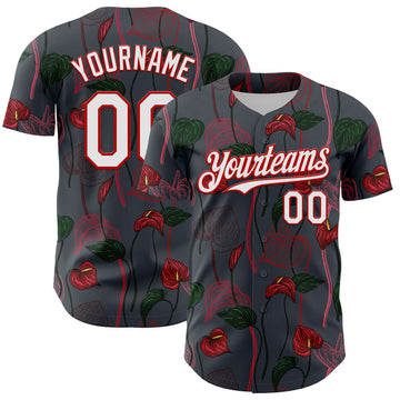 Custom Gray White-Red 3D Pattern Design Tropical Anthurium Flower Authentic Baseball Jersey