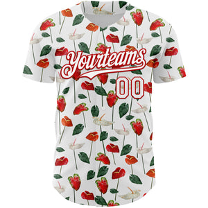 Custom White Red 3D Pattern Design Tropical Anthurium Flower Authentic Baseball Jersey