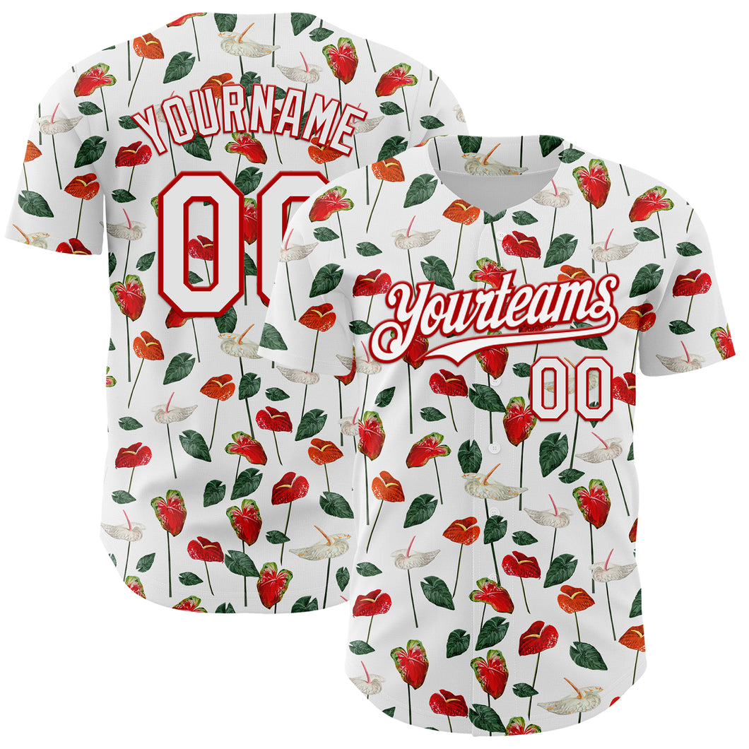 Custom White Red 3D Pattern Design Tropical Anthurium Flower Authentic Baseball Jersey