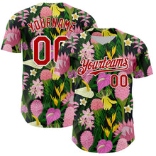 Load image into Gallery viewer, Custom Kelly Green Red-White 3D Pattern Design Tropical Anthurium Flower Authentic Baseball Jersey
