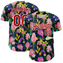 Load image into Gallery viewer, Custom Black Red-White 3D Pattern Design Tropical Anthurium Flower Authentic Baseball Jersey
