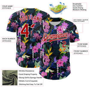 Custom Black Red-White 3D Pattern Design Tropical Anthurium Flower Authentic Baseball Jersey