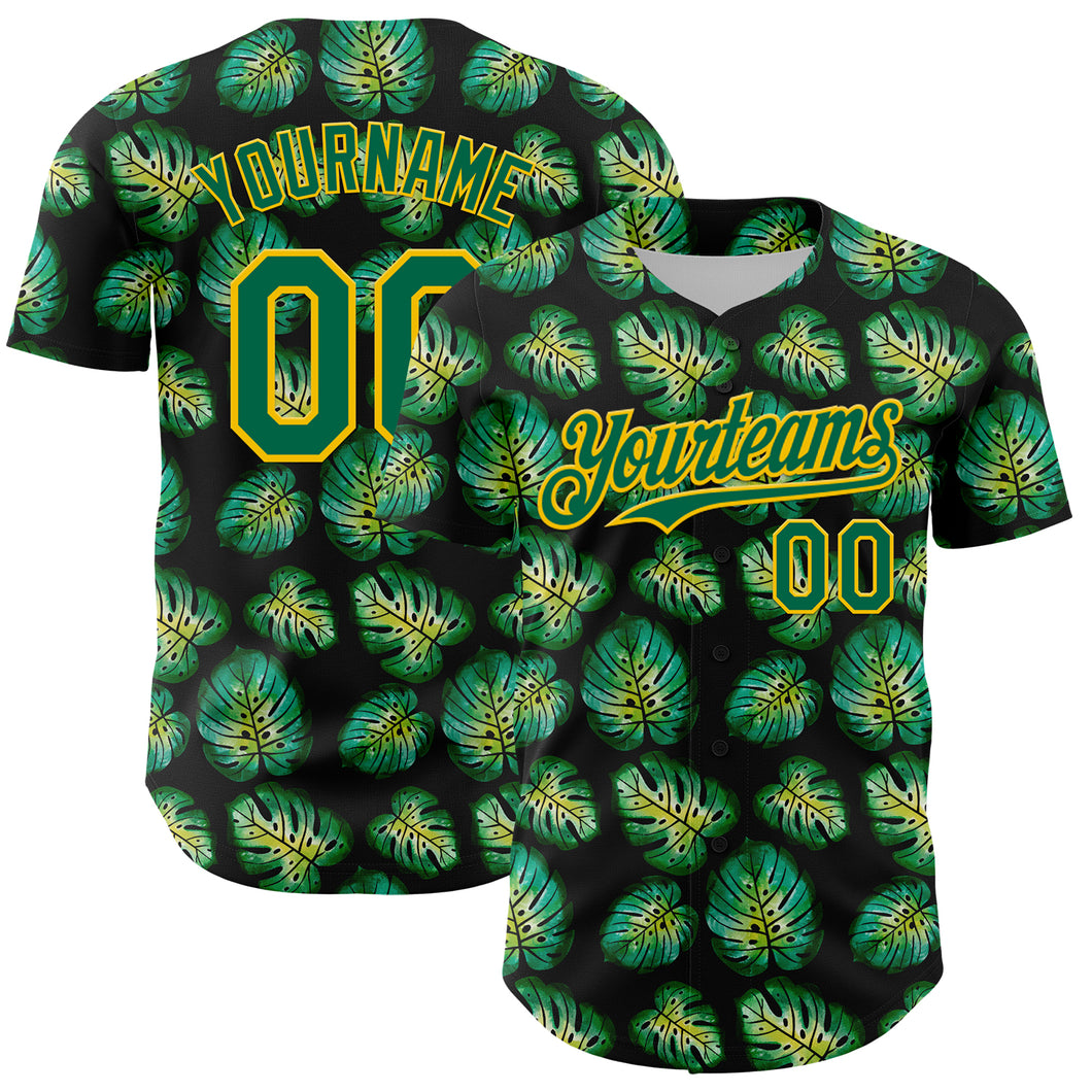 Custom Black Kelly Green-Gold 3D Pattern Design Tropical Monstera Authentic Baseball Jersey