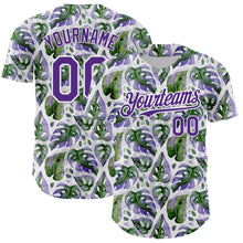 Load image into Gallery viewer, Custom White Purple 3D Pattern Design Tropical Monstera Authentic Baseball Jersey
