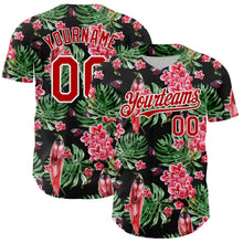 Load image into Gallery viewer, Custom Black Red-White 3D Pattern Design Tropical Plant And Bird Authentic Baseball Jersey
