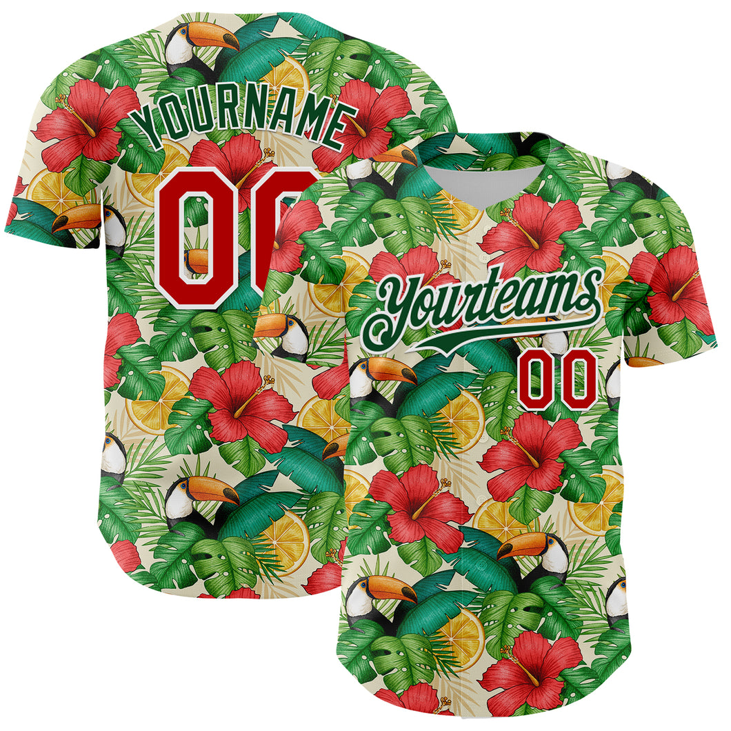 Custom White Red-Green 3D Pattern Design Tropical Plant And Bird Authentic Baseball Jersey