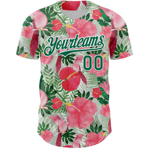 Custom White Kelly Green 3D Pattern Design Tropical Plant And Bird Authentic Baseball Jersey