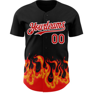 Custom Black Red-White 3D Pattern Design Flame Authentic Baseball Jersey