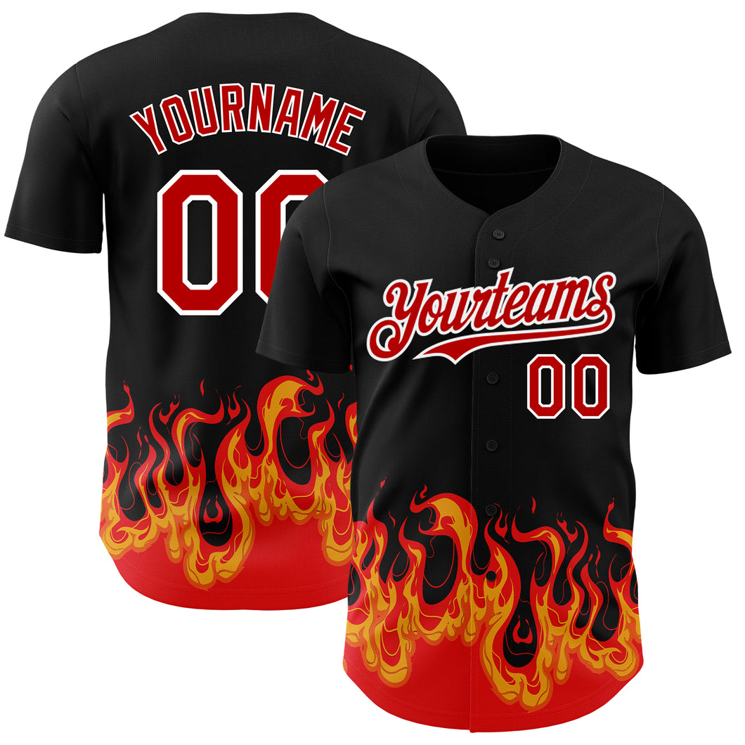 Custom Black Red-White 3D Pattern Design Flame Authentic Baseball Jersey