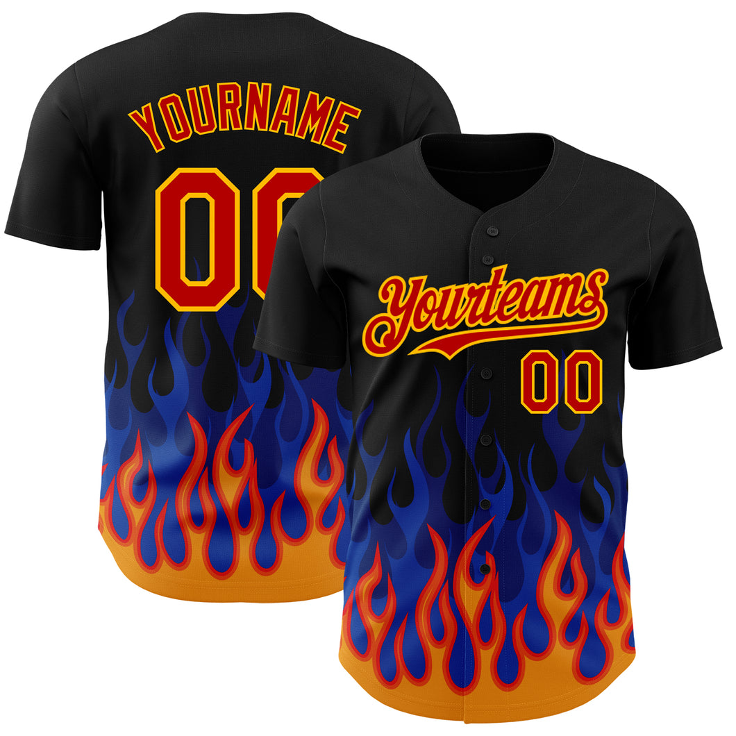 Custom Black Red-Gold 3D Pattern Design Flame Authentic Baseball Jersey