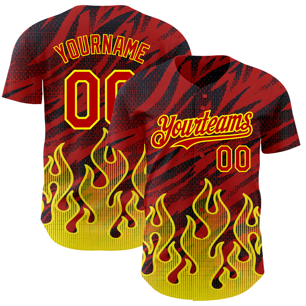 Custom Red Black-Light Yellow 3D Pattern Design Flame Authentic Baseball Jersey