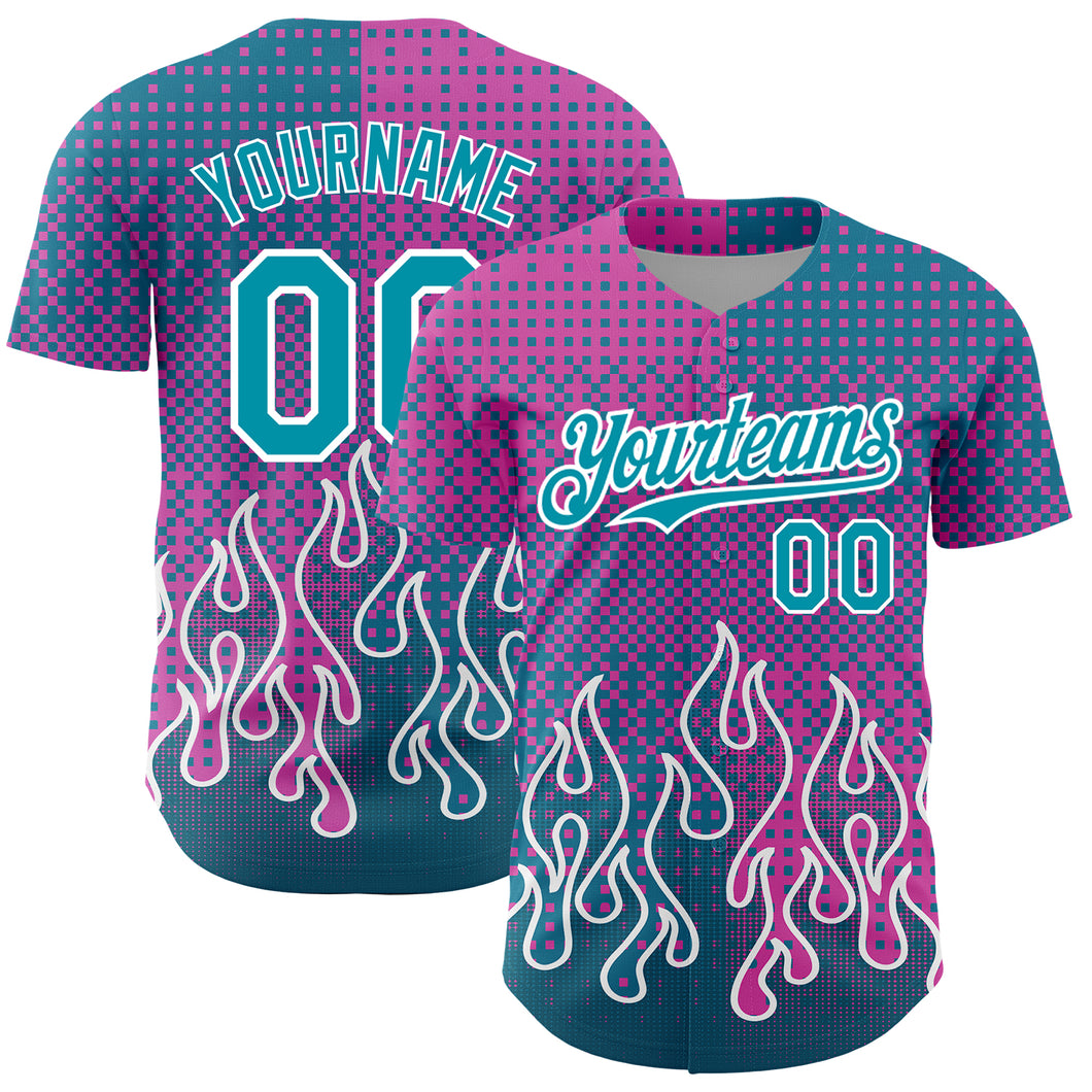 Custom Pink Teal-White 3D Pattern Design Flame Authentic Baseball Jersey