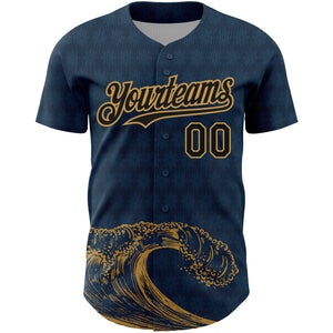 Custom US Navy Blue Black-Old Gold 3D Pattern Design Wave Authentic Baseball Jersey