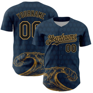 Custom US Navy Blue Black-Old Gold 3D Pattern Design Wave Authentic Baseball Jersey