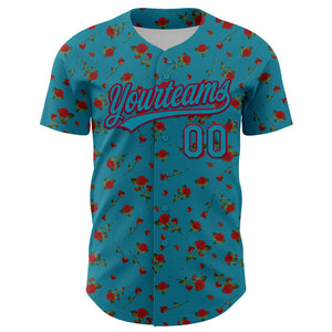 Custom Teal Maroon 3D Pattern Design Gothic Style Rose Authentic Baseball Jersey