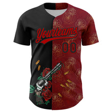 Загрузить изображение в средство просмотра галереи, Custom Crimson Black-Red 3D Pattern Design Gothic Style Gun With Rose Authentic Baseball Jersey
