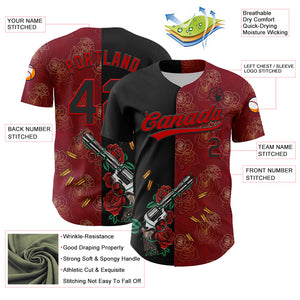 Custom Crimson Black-Red 3D Pattern Design Gothic Style Gun With Rose Authentic Baseball Jersey