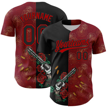 Custom Crimson Black-Red 3D Pattern Design Gothic Style Gun With Rose Authentic Baseball Jersey