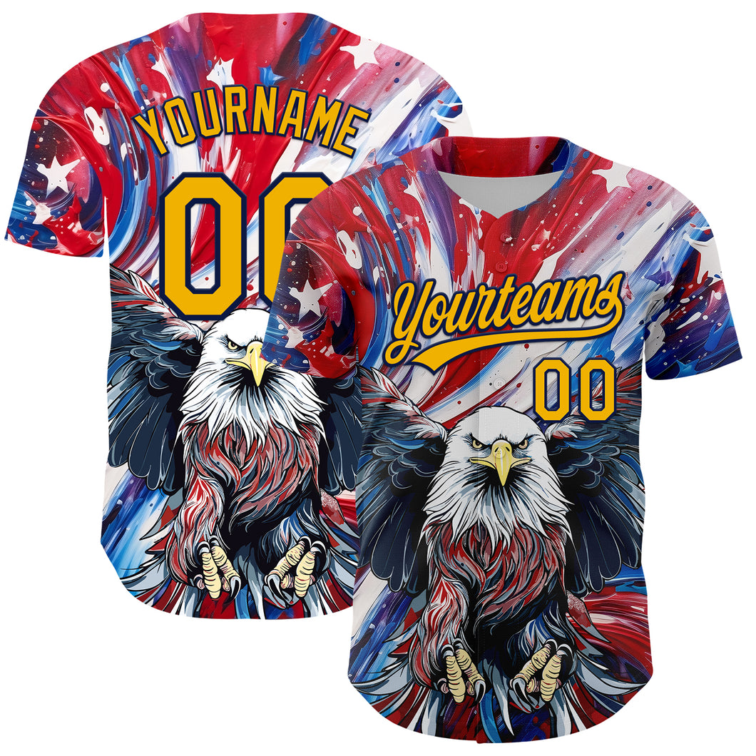 Custom Red Gold-Navy 3D American Flag Eagle And Star Authentic Baseball Jersey