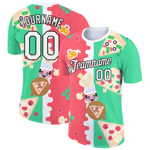 Custom Pea Green Black-Pink 3D Pattern Design Food Pizza Performance T-Shirt