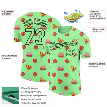 Custom Pea Green Black 3D Pattern Design Food Pizza And Burger Performance T-Shirt