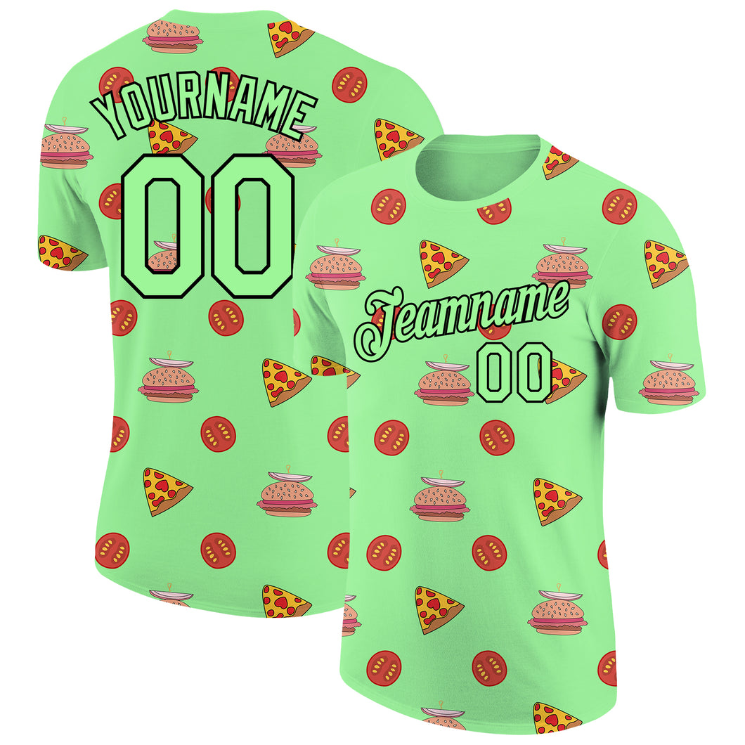 Custom Pea Green Black 3D Pattern Design Food Pizza And Burger Performance T-Shirt