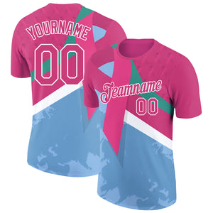 Custom Hot Pink Light Blue-White 3D Pink Ribbon Breast Cancer Performance T-Shirt