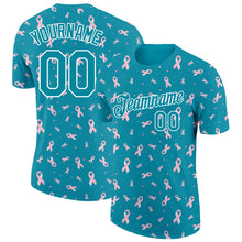 Загрузить изображение в средство просмотра галереи, Custom Teal White 3D Pink Ribbon Breast Cancer Performance T-Shirt
