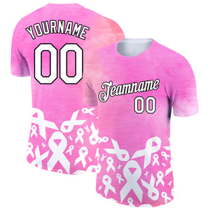 Custom Pink White-Black 3D Pink Ribbon Breast Cancer Performance T-Shirt